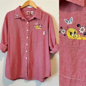Y2K Looney Tunes 18/20W Women’s Embroidered Tweety Red Plaid Button Downshirt